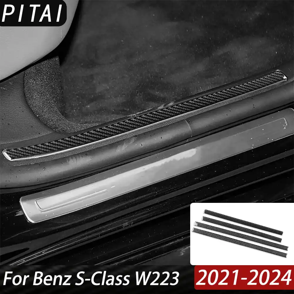 For Benz S-Class W223 2021-2024 Carbon Fiber Door Sill Trim Cover Protector Strips Car Interior Accessories Decoration Sticker