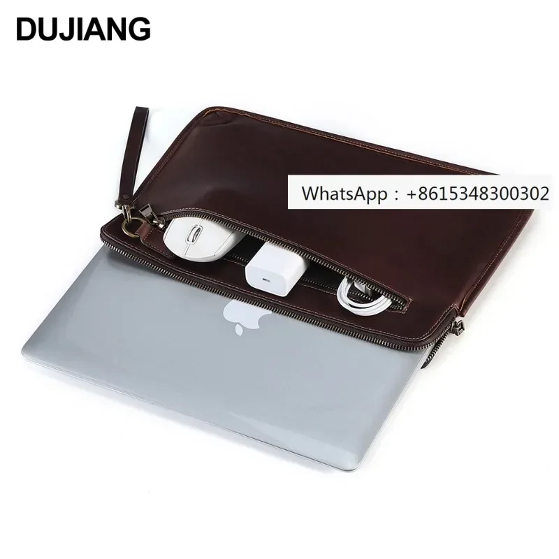 Ręcznie robiona męska torba Cluth ze skóry bydlęcej z opaską na nadgarstek i pokrowcem na laptopa z prawdziwej skóry, odpowiednia do laptopów 14,2 cala