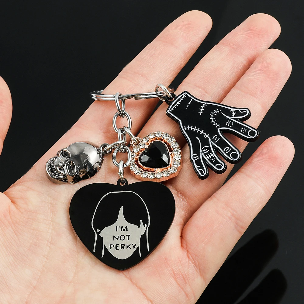 Wednesday Addams Family Keychain Black Heart Wednesday Things Hand Stainless Steel Pendant Key Holder Jewelry Accessories