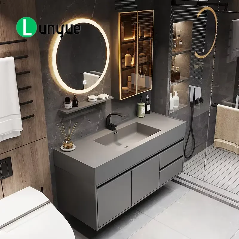 Modern Simple Slate Integrated Bathroom Washstand Wall Mounted Smart Storage Sink Mirror Cabinet Nano Stone Material