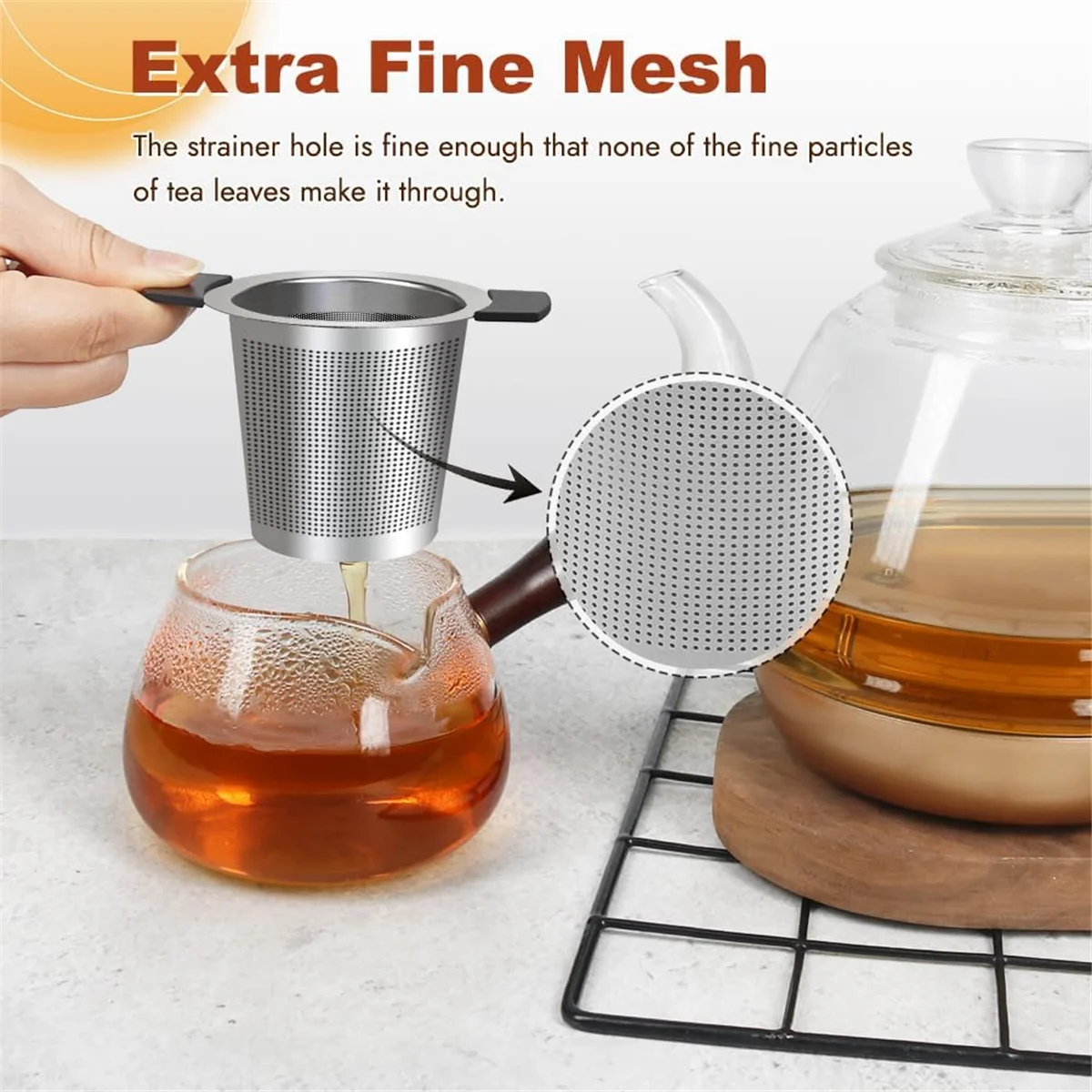 Filtro per il tè Infusori per il tè a maglia fine, 2 filtri per il tè di grandi dimensioni per il tè in acciaio inossidabile con maniglie in silicone resistenti al calore