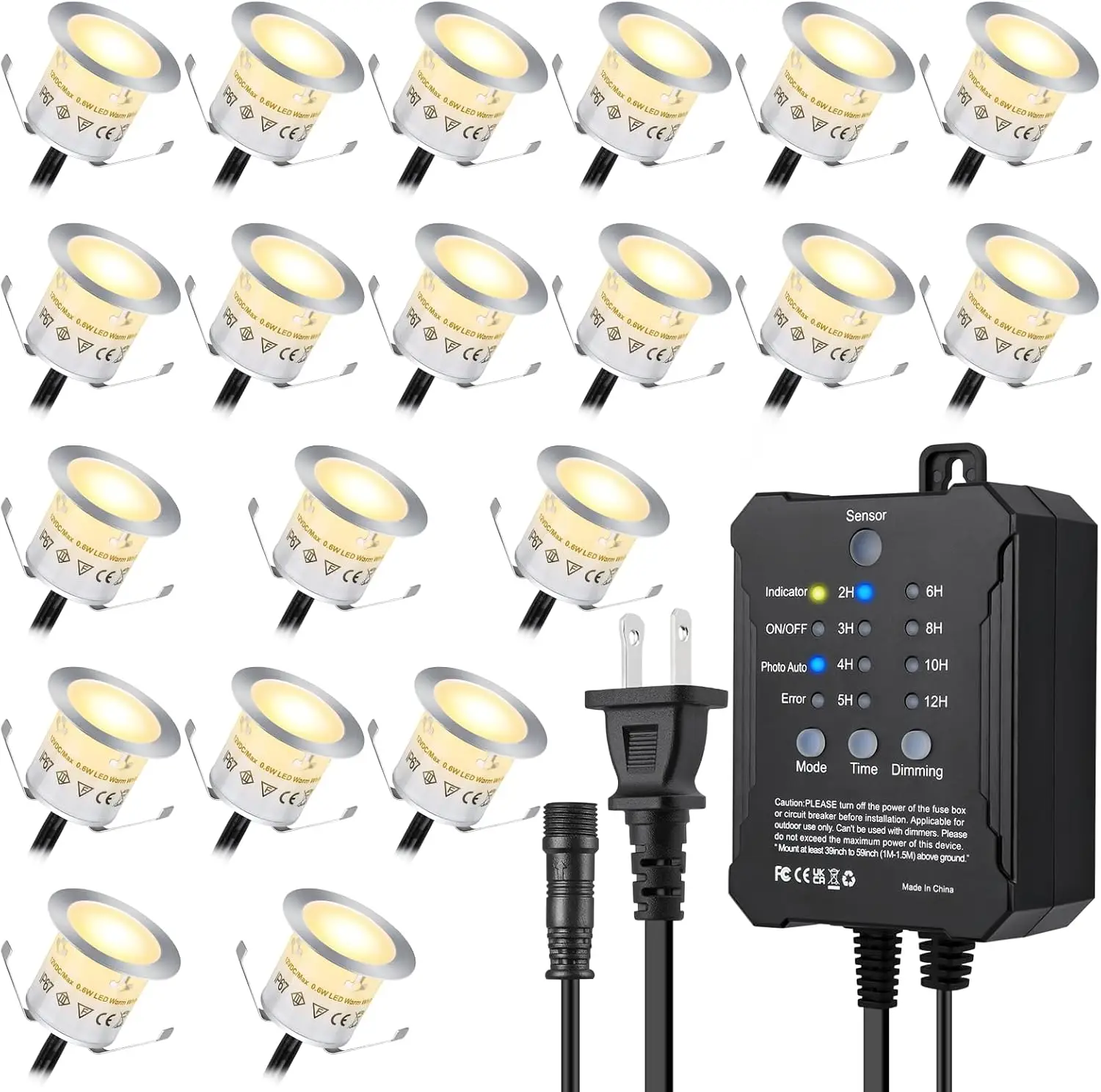 

Dimmable LED Deck Lights with Timer & Photocell Sensor, 20-Pack IP67 Waterproof Outdoor Smart Lighting for Garden, Yard, Patio