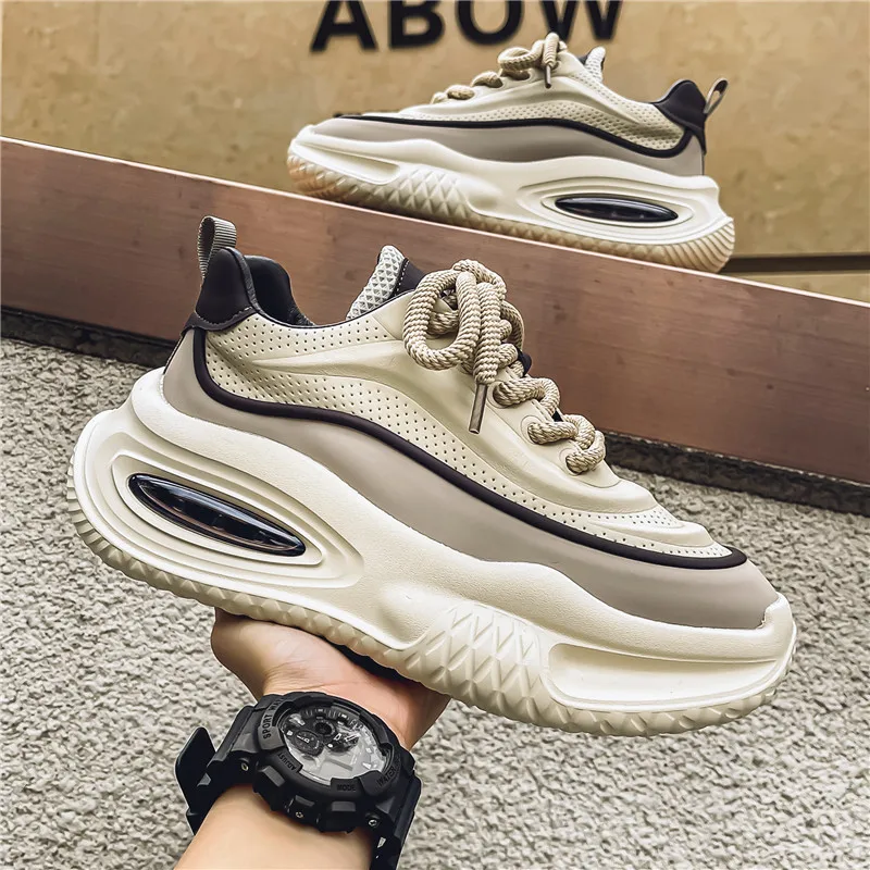 2024 Autumn New Sports Shoes Men's Easiest for Match Teenagers Breathable Heightening Thick Sole Leather Ins Trbottomy Dad Shoes