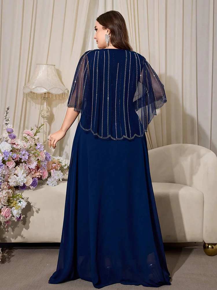 TOLEEN Elegant Plus Size Rhinestone Applique V-Neck Long Formal Dress, Flared Evening Gown With Contrast Mesh Wedding Party Fall