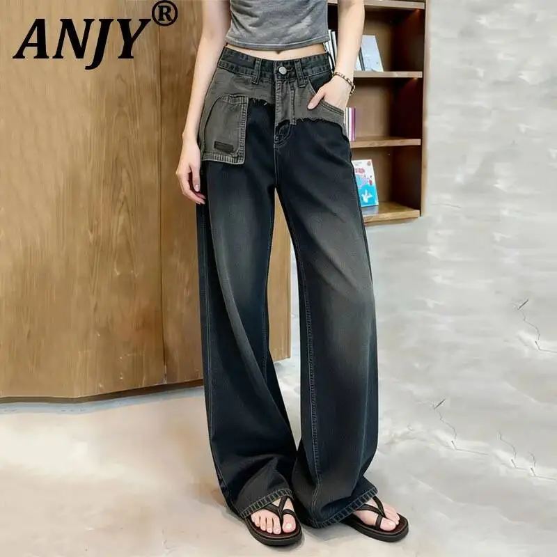 

ANJY Spring Autumn New Women Stylish High-end Patchwork Chic Denim Straight Pants American Style Washed High Street Jeans A24287