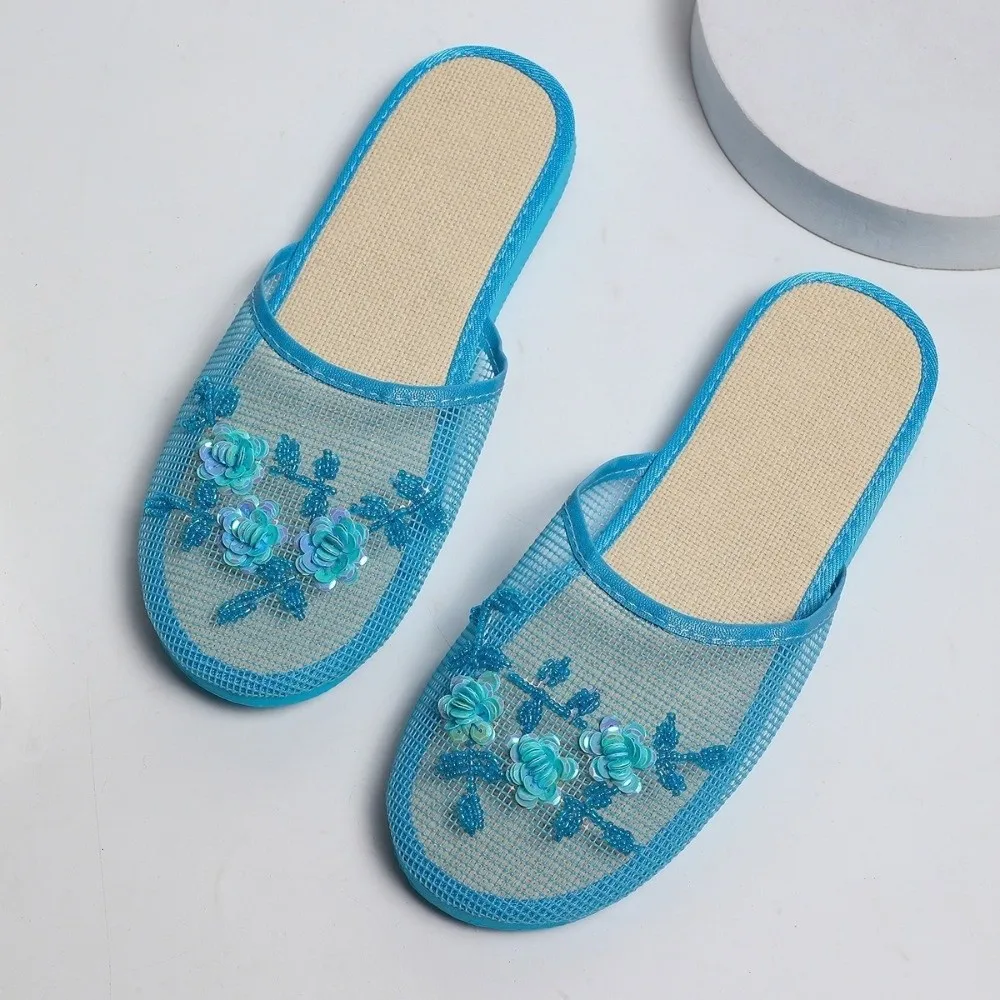 Casual Flower Embroidery Mesh Sandals Soft Bottom Breathable Closed Toe Sandals Non Slip Shoes Indoor Outdoor