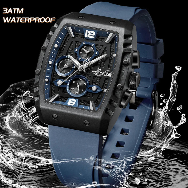 Naviforce relógio de pulso multifunções dos homens, quartzo, esportes, impermeável, pulseira de silicone, calendário, cronógrafo, nf8025