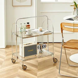 Vintage Glass Coffee Table  Easy-Clean  Rolling Cart  Ins  Serving Cart Foldable Storage Rack for Dining Rooms