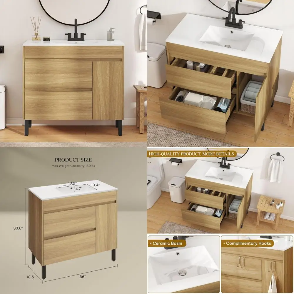 

36" ceramic sink freestanding bathroom vanity with storage cabinet for media space