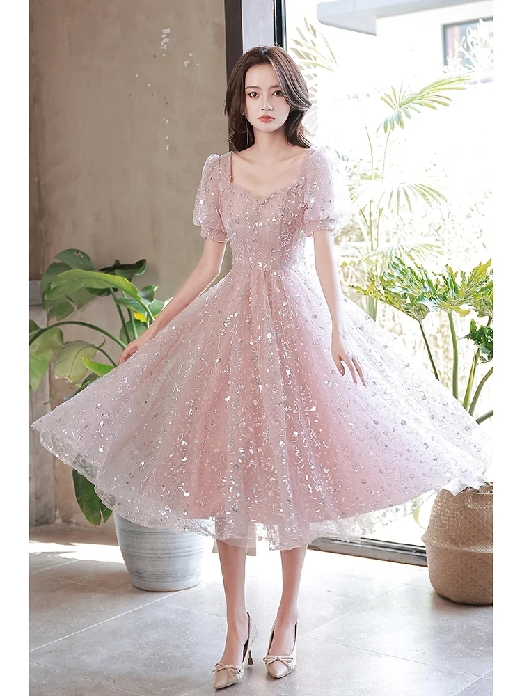 Customized Pink Evening Dresses Short Elegant Sweetheart Neck A-Line Tea-Length Sequined Lace Tulle Women Engagement Dresses