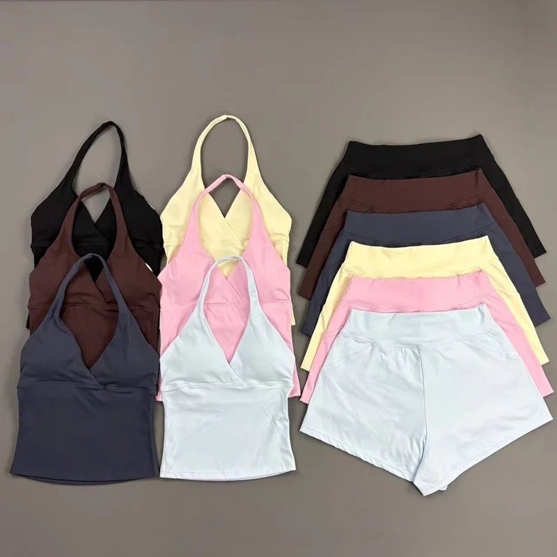 2 Pieces Women Gym Set Yoga Sports Suit Origin Halter Top And Training Shorts Fitness Solid Clothing Running Workout Sportswear
