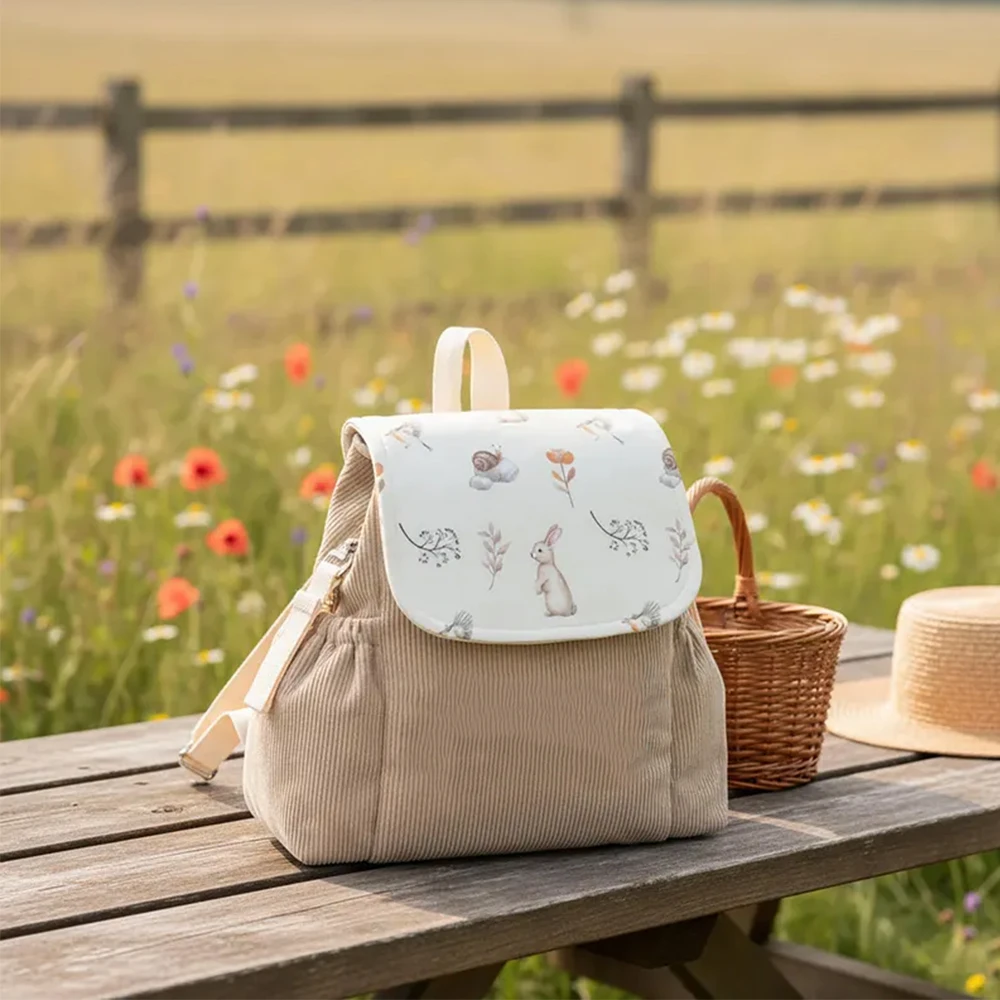 

Corduroy Kids Backpack Toddler School Bag Farm Cottage Style Children's Backpack With Two Stroller Straps For Nappy