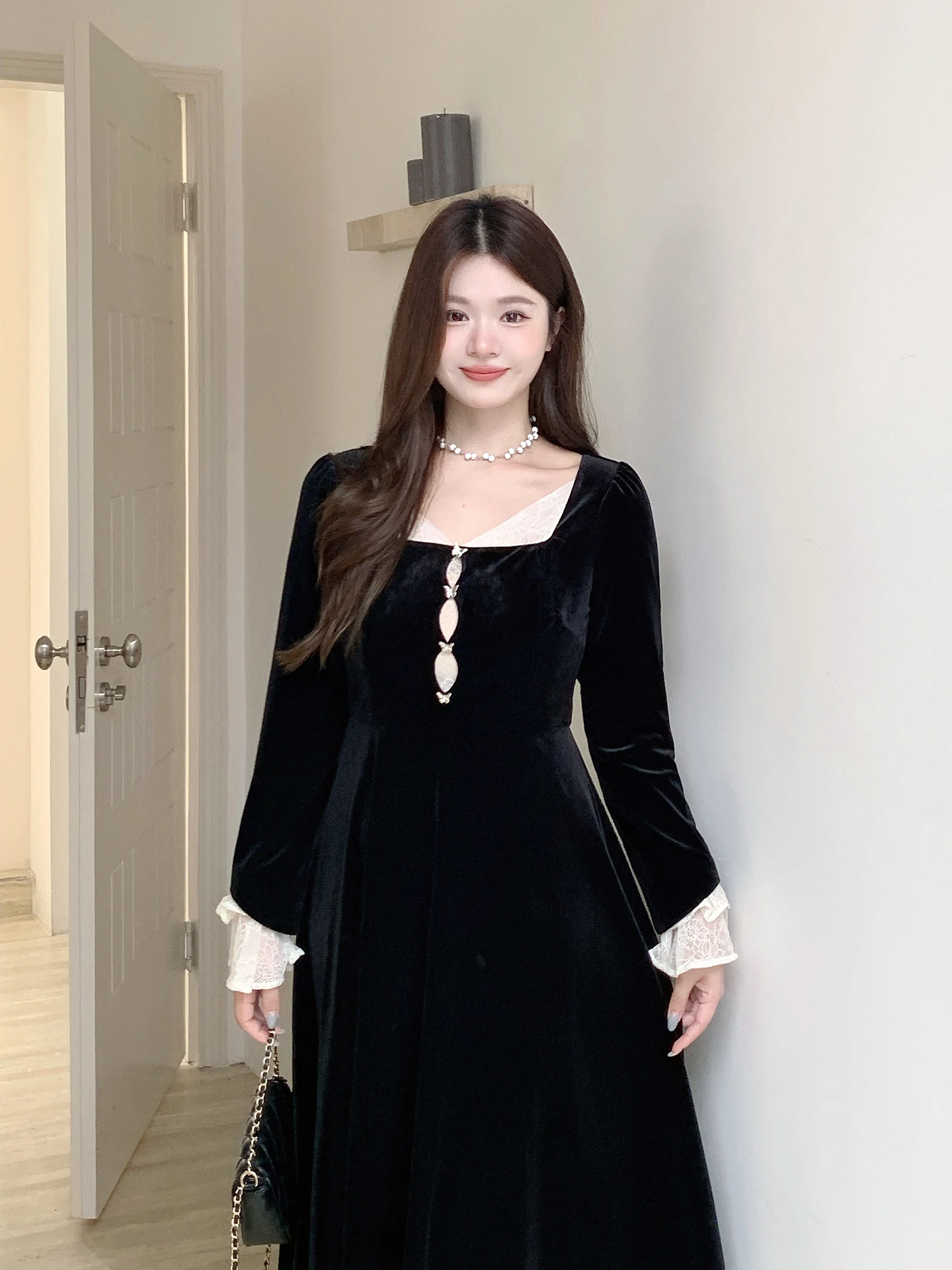 

Бархатное платье с высокой талией и металлическими синими кружевными деталями, цветная блузка, женское модное уличное платье большого размера