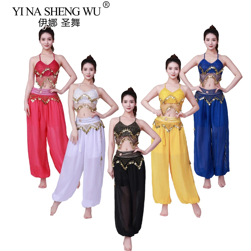 

Костюм для танца живота с блестками и бахромой, индийский наряд для восточного танца, шифоновое праздничное платье ручной работы с монетами для взрослых и девочек