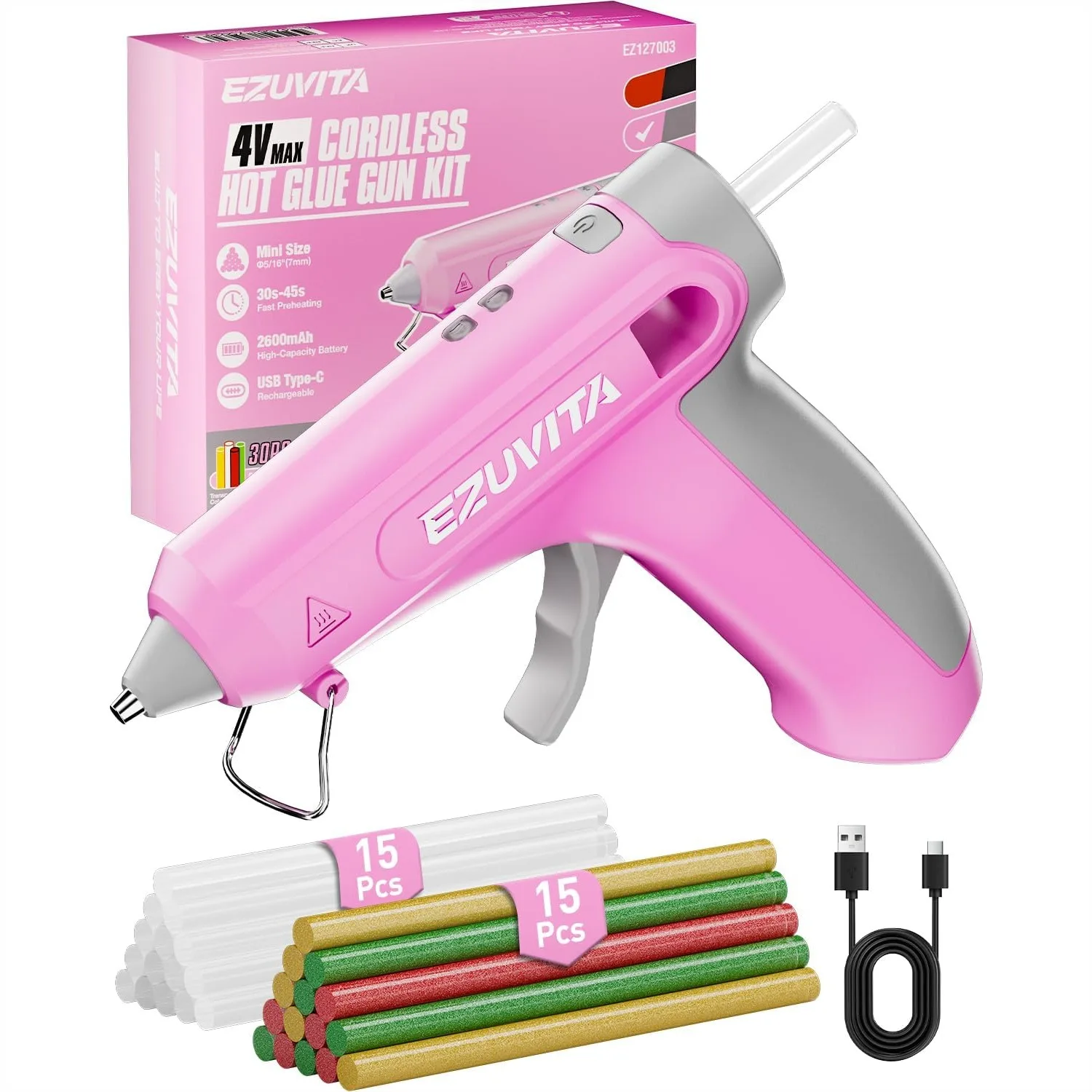 

Cordless Hot Glue Gun Kit with 30 Multi-Color Glue Sticks, USB-C Rechargeable 2600mAh Battery, Less-Drip for DIY Crafting