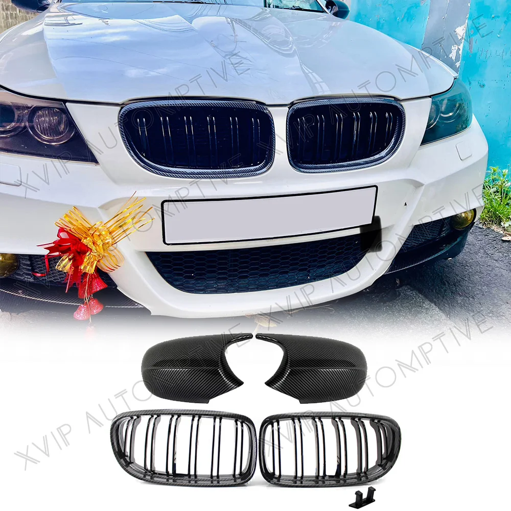 Glänzend Schwarzer Doppellamellen-Frontgrill Rückspiegel-Abdeckkappen-Set für BMW 3er-Serie E90 E91 2009-2011 325i 328i 330i 335i