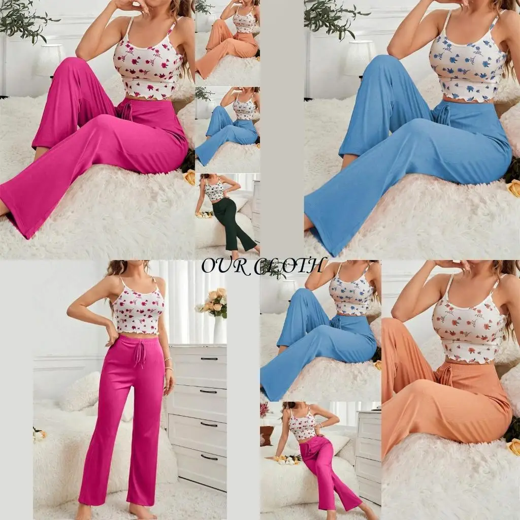 

Женские пижамные наборы спечатанных рукавов Танки и длинные брюки Loungewear Y1AC