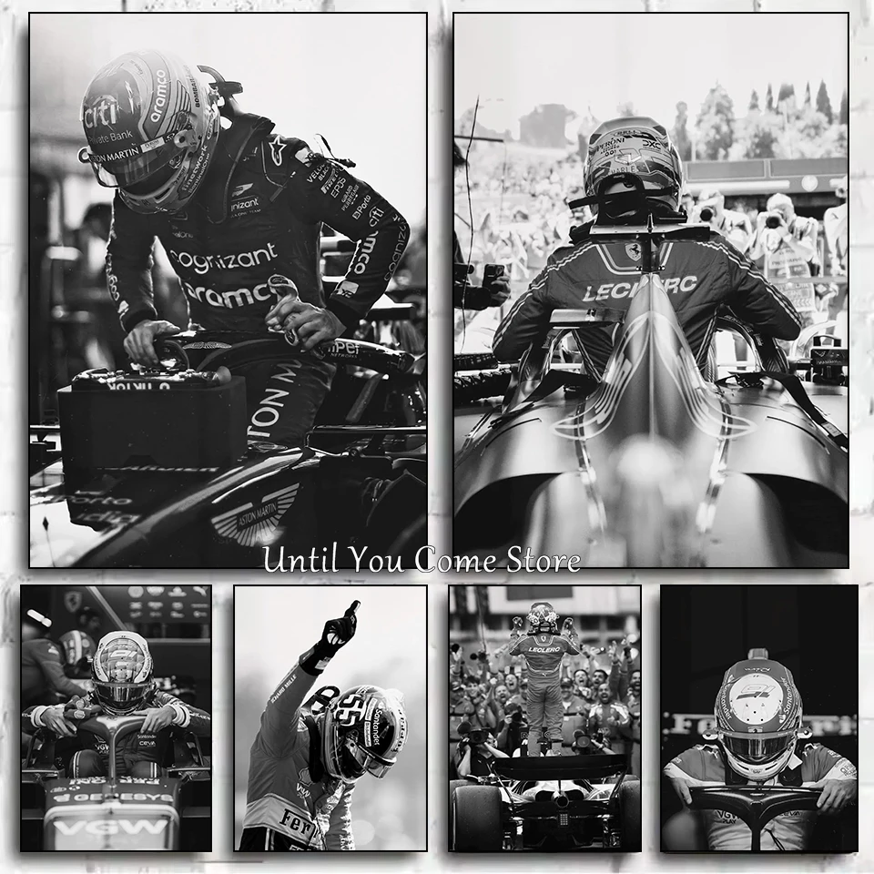 F1 سباق سائق سلسلة أبيض وأسود ملصق طباعة قماش صور المنزل لغرفة المعيشة جدار ديكور حديث اللوحة بدون إطار #1