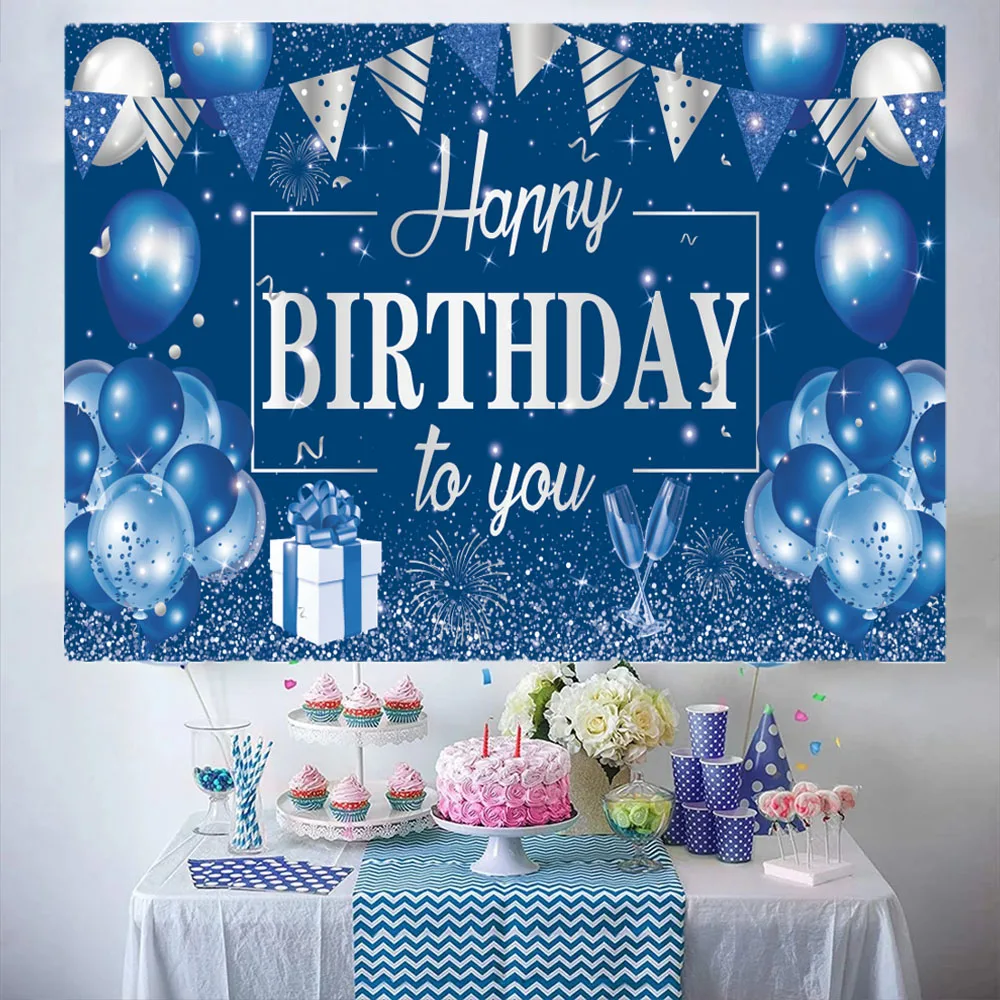 Blue Gold Black Happy Birthday Backdrop, Banner, 30 50 60 70th Birthday Photozone, Background Wall Decor ,Kids Boy Birthday Supp