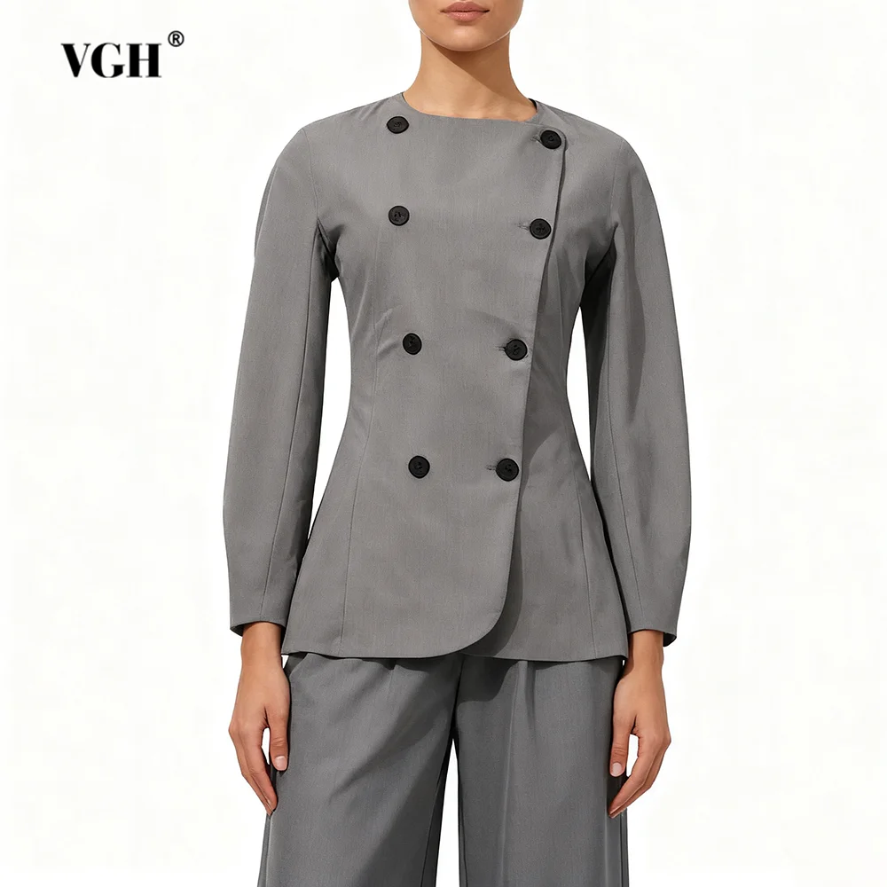 

VGH Solid Temperament Two Piece Sets For Women Round Neck Long Sleeve Double Breasted Top High Waist Pants Chic Set Female New