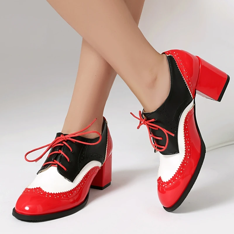 

Fashion Lace-up Women's High Heels Pumps Loafers Shoes Black Red Brown Block Heeled Large Size Office Party Walking Shoes Ladies