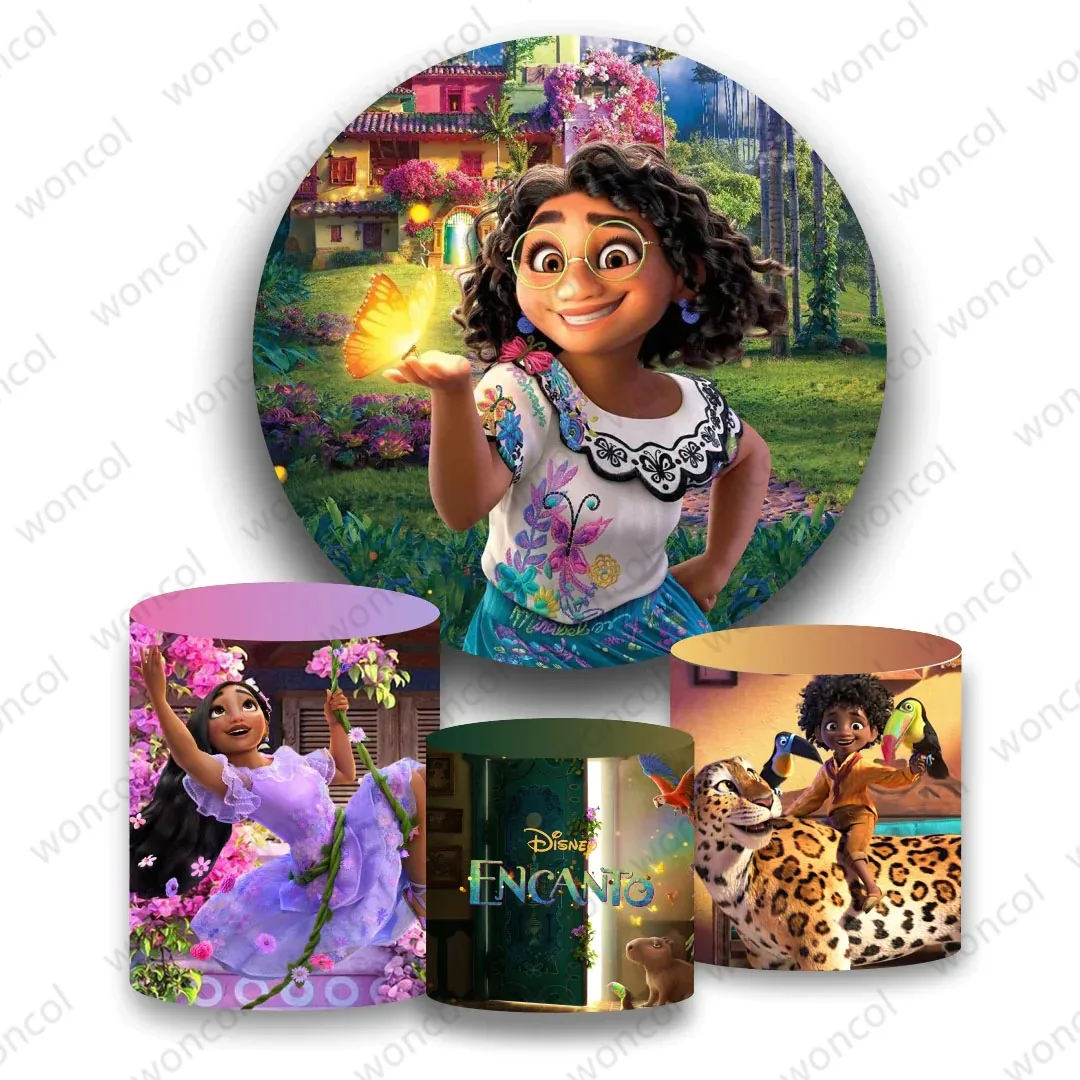 Encanto Mirabel Round Backdrop Girl Birthday Backdrop Disney Encanto Antonio Isabela Cylinder Cover Baby Shower Decoration Prop