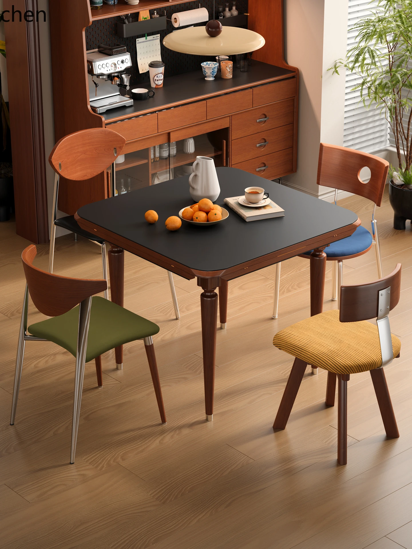 

YXY Solid Wood Rock Plate Telescopic Dining Table Square Round Dual-use Dining Table and Chair Combination