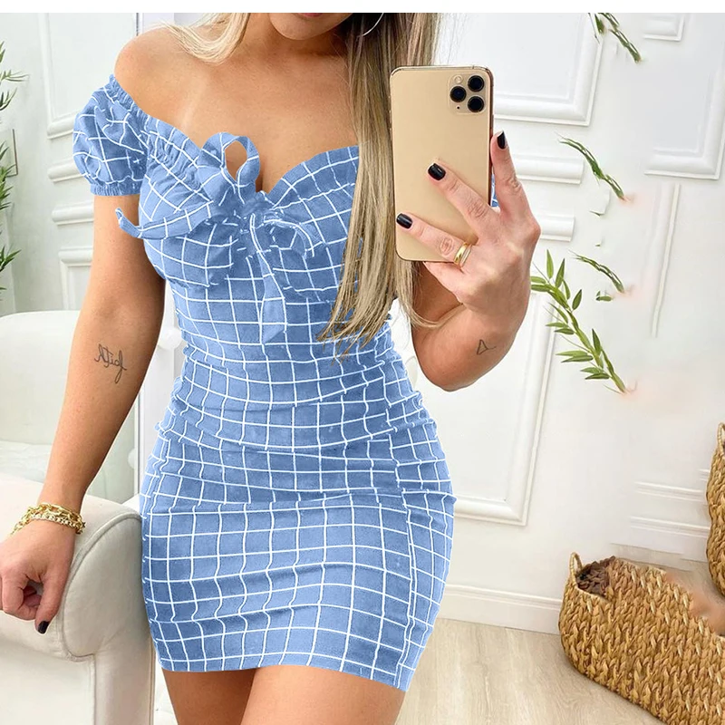 Summer Sexy Off Shoulder Mini Dress Women Fashion Casual Plaid Dresses Bodycon Beach Boho Party Dress For Women Robe Femme