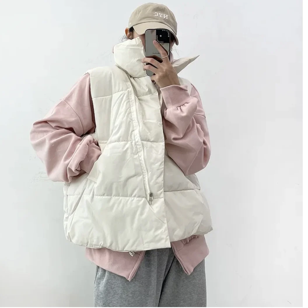 Women's Loose Fit Warm Pure Color Cotton Vest Autumn Winter Faionable Stand Collar Top Comfortable Breathable Casual Outerwear