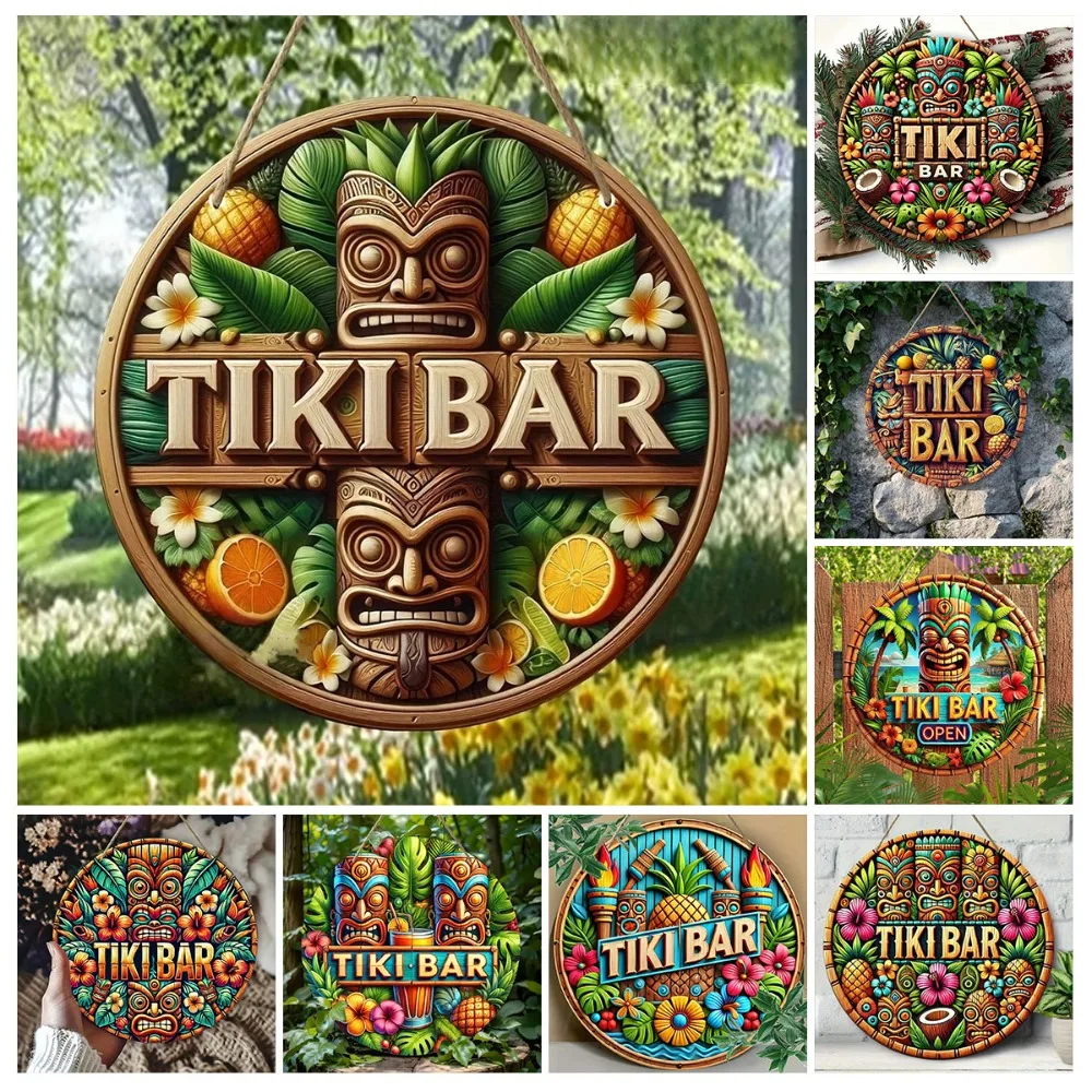 2D Tiki Bar Circular Wooden Sign, Hawaiian Theme, Suitable for Home, Bar, Cafe, Garden, Garage, Beach Decoration, Holiday Gift