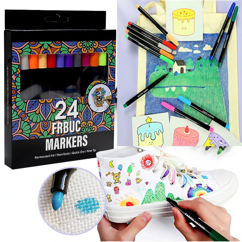 New 24colors Fabric Marker Set DIY Hand Drawn Waterproof and Fadeless T-shirt Graffiti Brush Washable Textile Fabric Pen