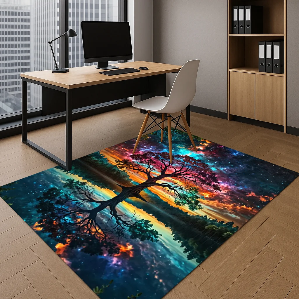 2D Flat Cosmic Tree Galaxy Reflection Flannel Office Chair Mat Non Slip Fantasy Carpet For Study Room Floor Decor