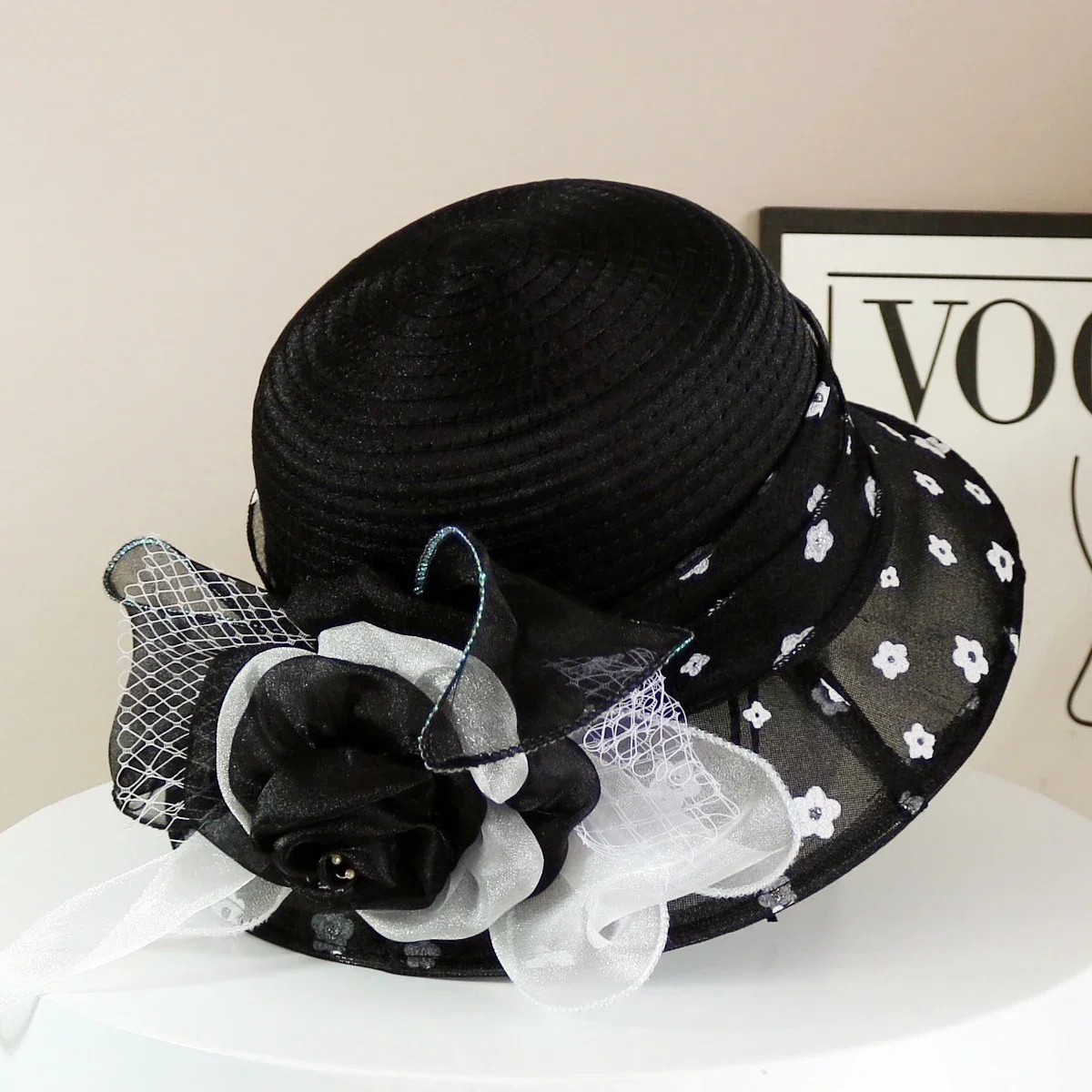 Fashion Hat Women Top Hat Elegant Organza Flower Wide Brim Sun Hat for Women Retro Style Party Banquet Accessory Foldable Beach