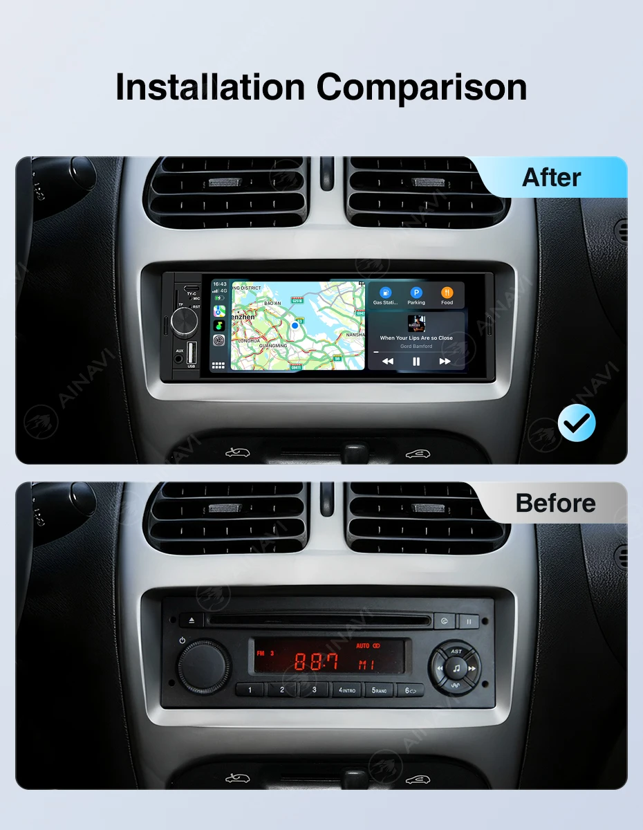 AINAVI 1 DIN Carplay Autoradio Android Auto Universelles Auto-Multimedia-Gerät MP5 HD IPS Touchscreen 1280*480 Full In-Cell TECH Monitor CVBS Rückfahrkamera 1Din Struktur Autoradio Versand aus Frankreich Ankunft in 2-7 Tagen 6,36 Zoll Radio Typ-C BT 5.0 TF-Steckplatz MIC – Detail 6