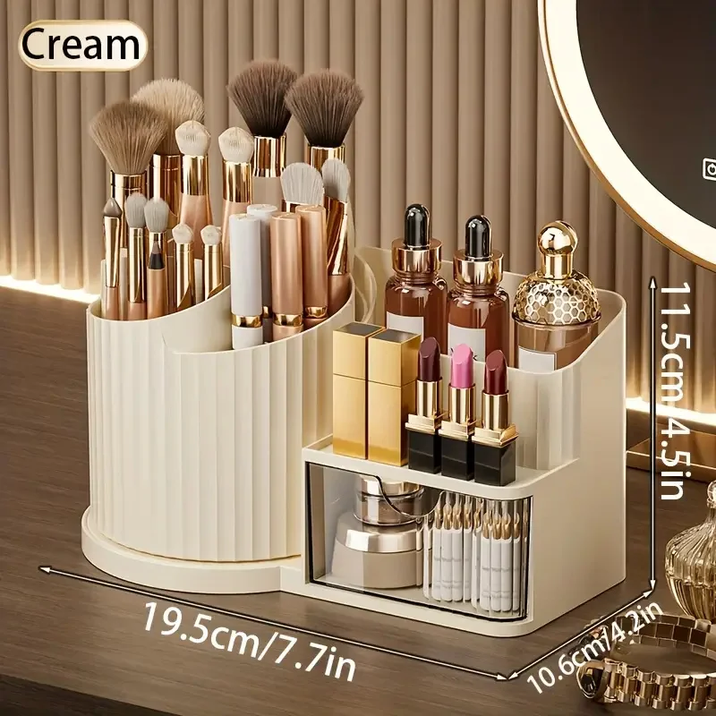 360° Rotating Makeup Organizer With Brush Holder & Drawer Desktop Large Capacity Skincare Cosmetic Tools Lipstick Display JJ3116