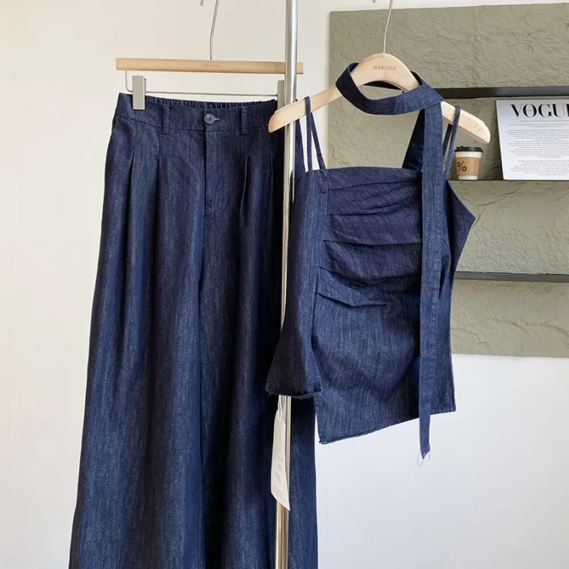 

2025 Vest Jeans Set For Women Sleveless Tube Tops High Waist Pocket Denim Pants Suit Female 2025 Spring Summer Lady Bodysuit