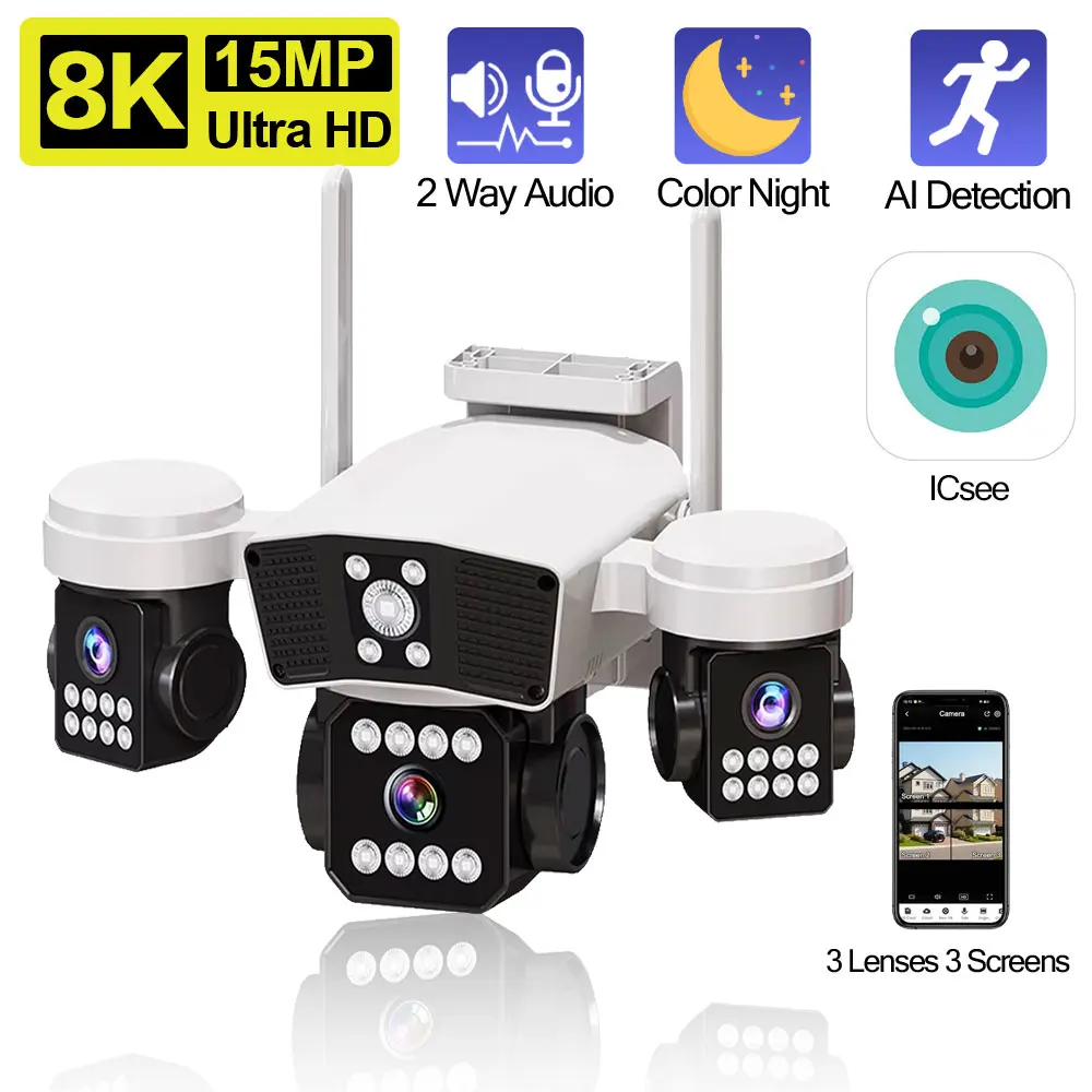 

Three Lenses Triple Screens Wifi PTZ Camera Home Waterproof ICsee Xmeye 15MP Outdoor Wireless Cctv Security Full Color IP Camera