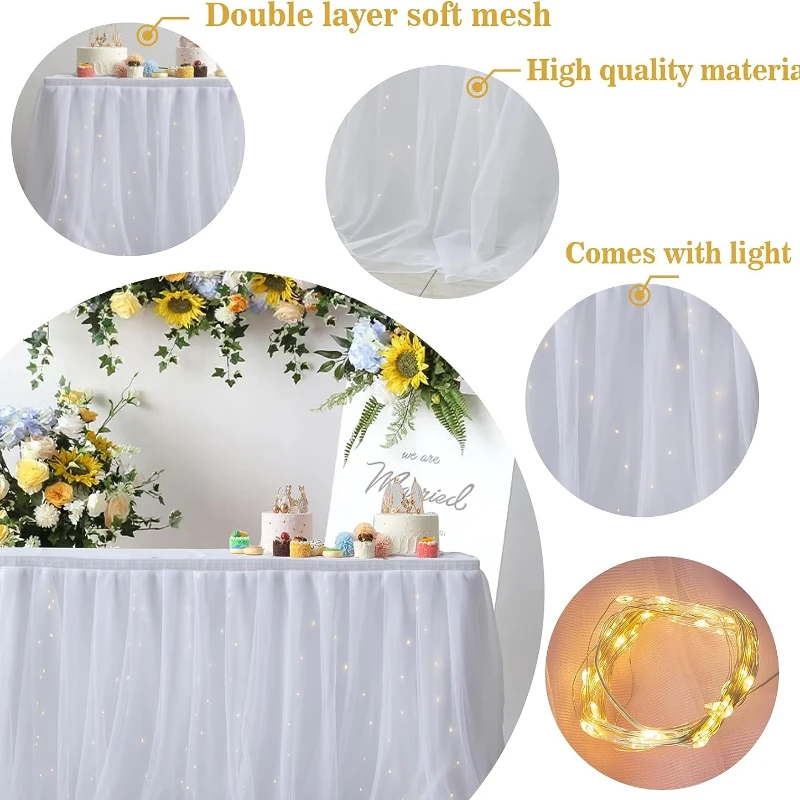 Tulle table skirt high-end gold-rimmed mesh wedding New Year\'s party decoration hotel supplies mesh table skirt table cover