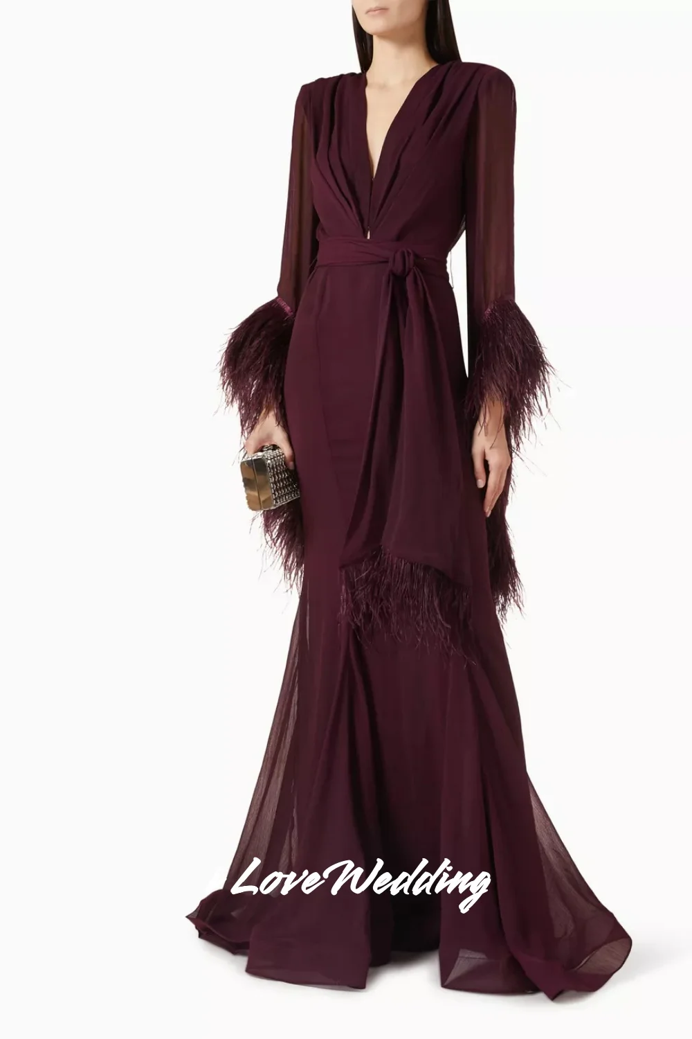 Vinho tinto com decote em v vestido de noite 2025 chiffon manga longa pena sereia até o chão elegante plissado vestido de festa de casamento customiz