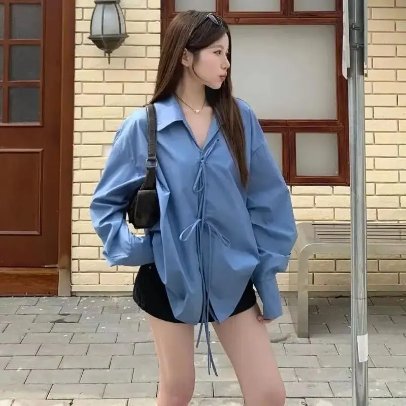 Koszule damskie w stylu koreańskim, niebieskie, sznurowane, z dekoltem w serek, z długim rękawem, vintage, luźne bluzki, codzienne, eleganckie w stylu francuskim, jednolite kolory.
