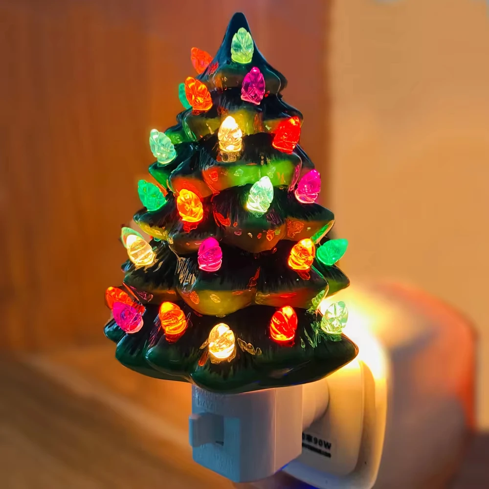 

Ceramic Christmas Tree Night Light US Plug Bedside Light Christmas Holiday Crafts Hand Painted Eramic Nightlight for Bedroom