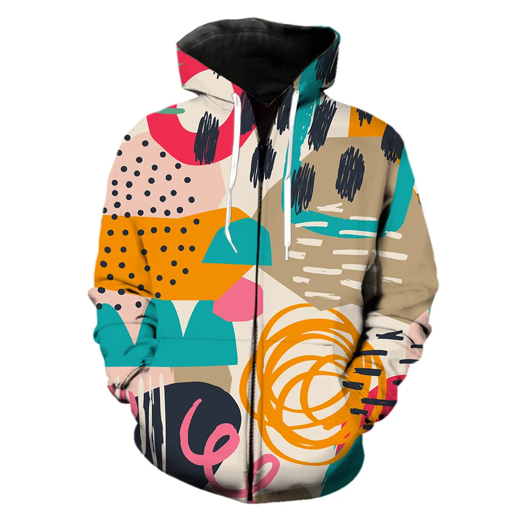 Abstract Art Graffiti Men's Zipper Hoodie Cool Spring Funny Unisex Sweatshirts 3D Printed Long Sleeve With Hood Jackets Casual