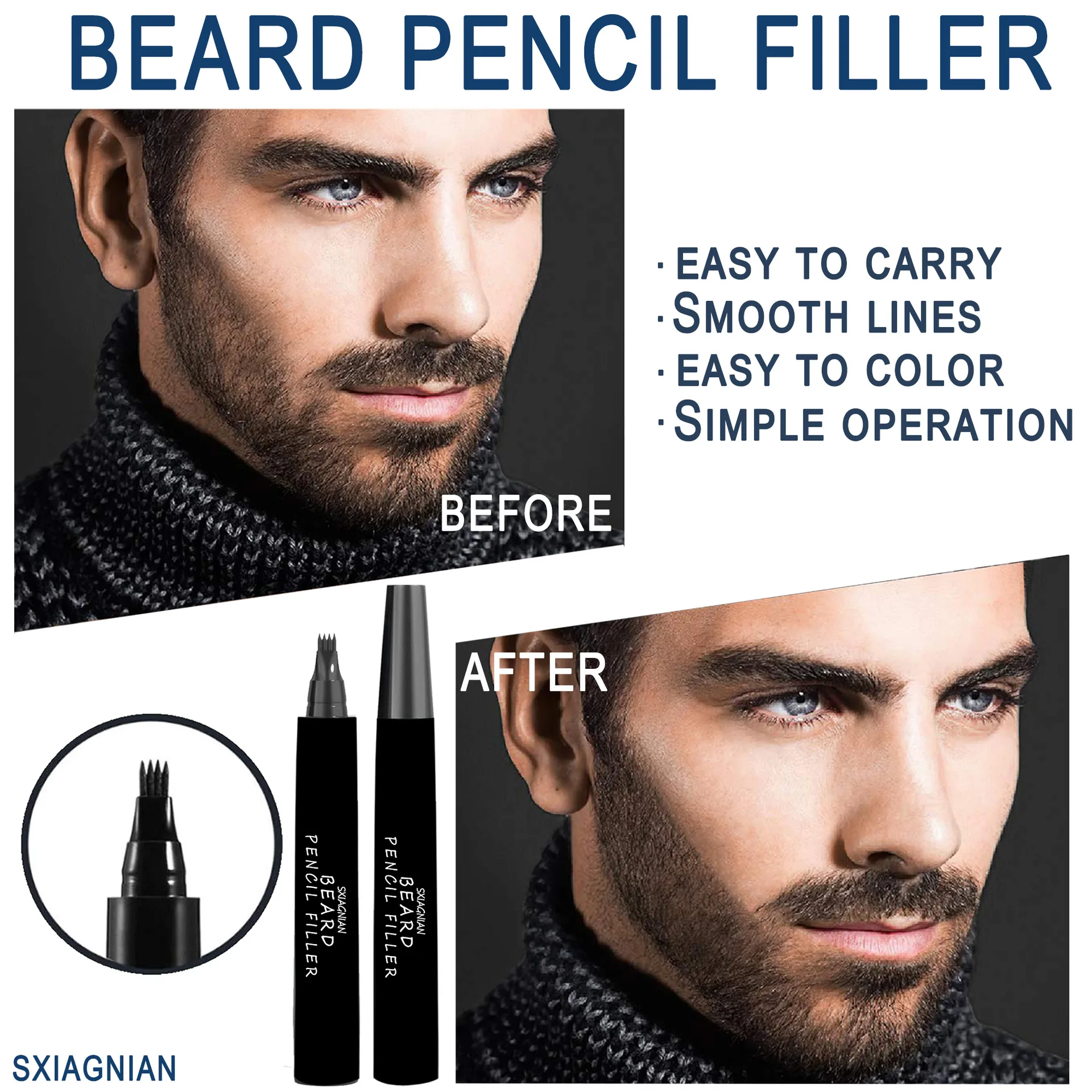 Beard Filler Pen Natural Sweat Resistant Quad Fork Beard Pen 5 Piece Set Beard care products