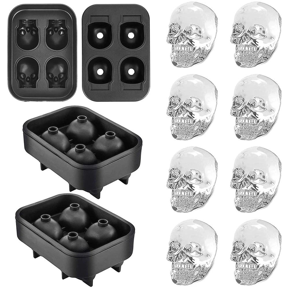 3D Skull Silicone Mold Ice Cube Maker 4-in-1 DIY Skull Shape Tray Mold Home Bar Party Cool Whiskey Wine Ice Cream Bar Tool