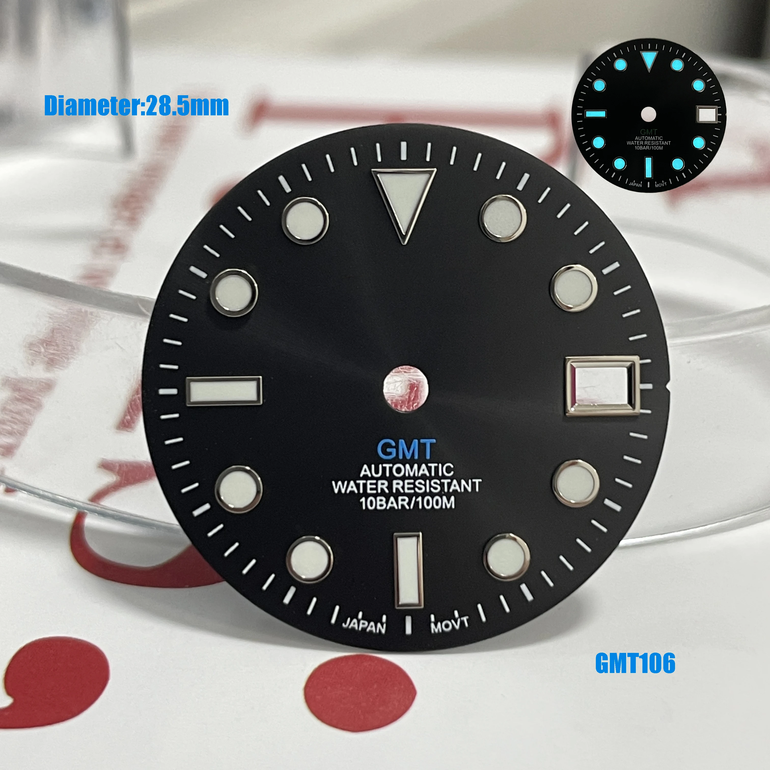 Cadran GMT sub S de 28.5mm, lucarne unique, logo s lumineux bleu, cadran noir adapté au cadran NH34 s, accessoires de mouvement de montre