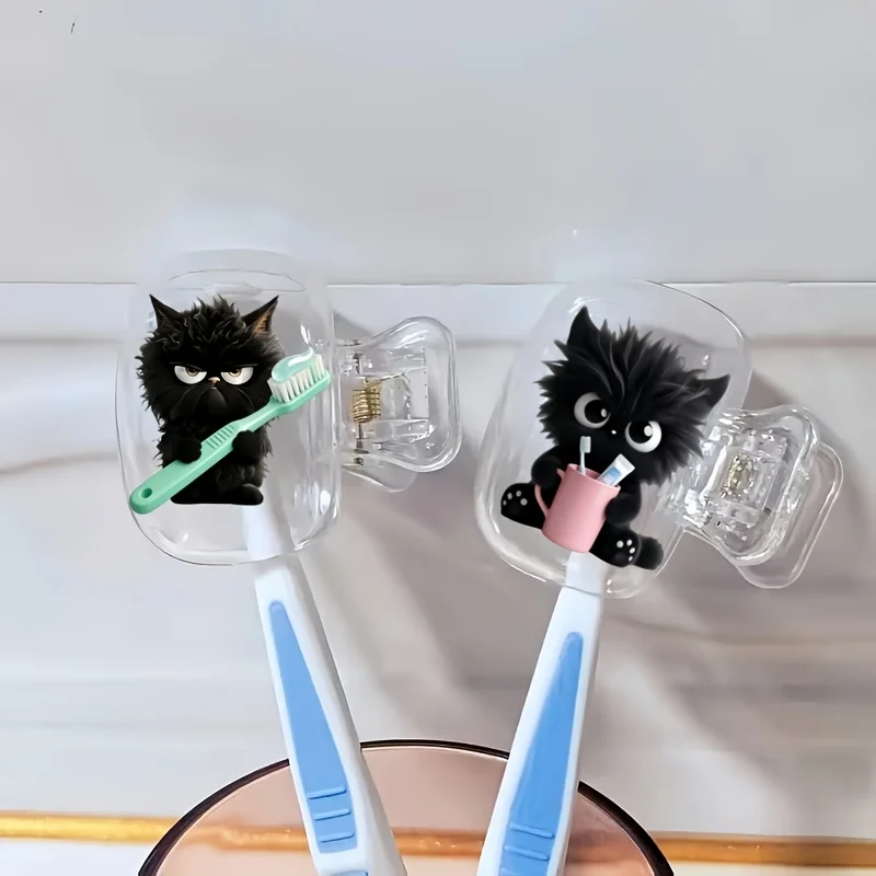 2pcs Black Kittens Toothbrush Storage Box, Bathroom Accessory