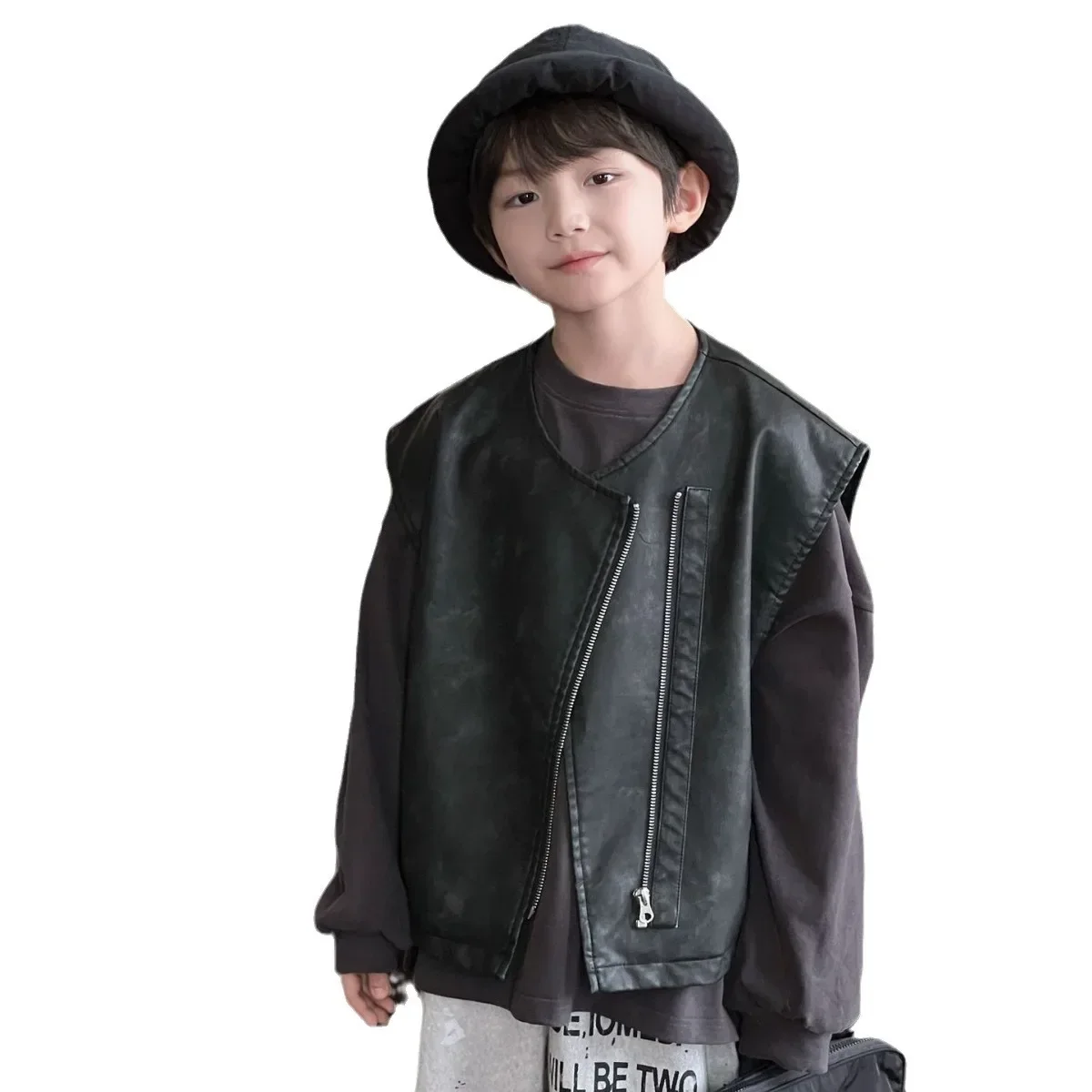 2024 Autumn Korean New Handsome Leather Vest Middle Aged Boy