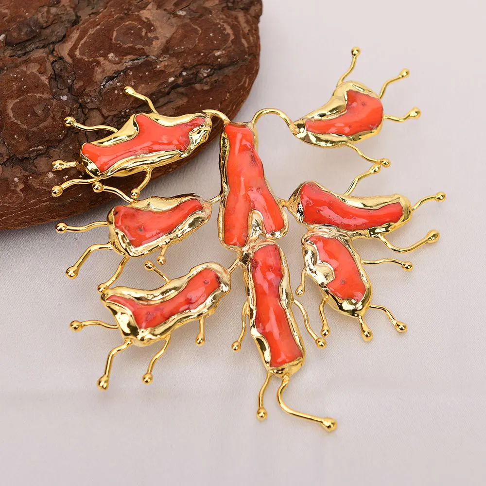 APDGG 1 Pc Big Natural Orange Coral Branch Bamboo Nugget Pendant Connector Jewelry Making DIY