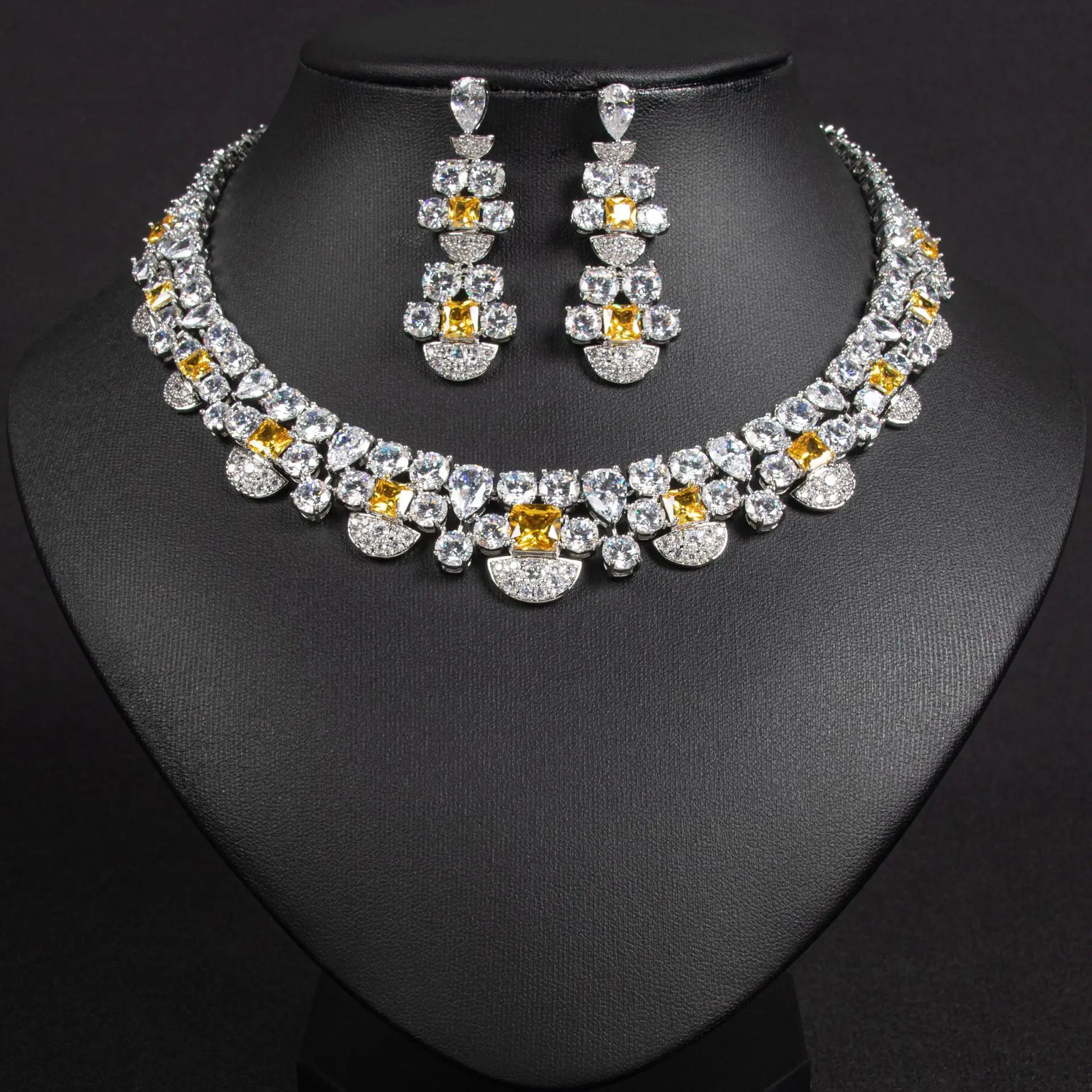 Cubic Zirconia Wedding Jewelry Sets For Bride Luxury Bridal Necklace And Earring Sets Saudi Dubai Indian Prom Party Jewellery