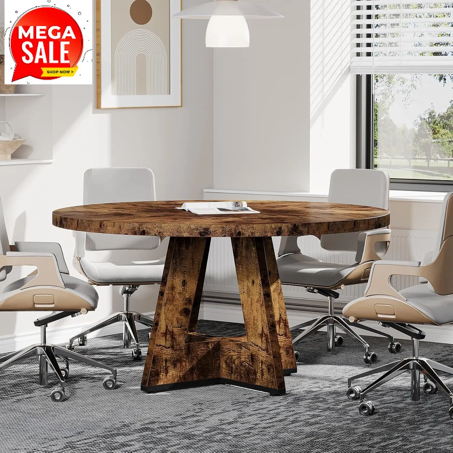 

47-Inch Round Conference Table for 4-6 People, Wooden Meeting Room Table with Thicken Tabletop and Wood Base (Dark Brown)